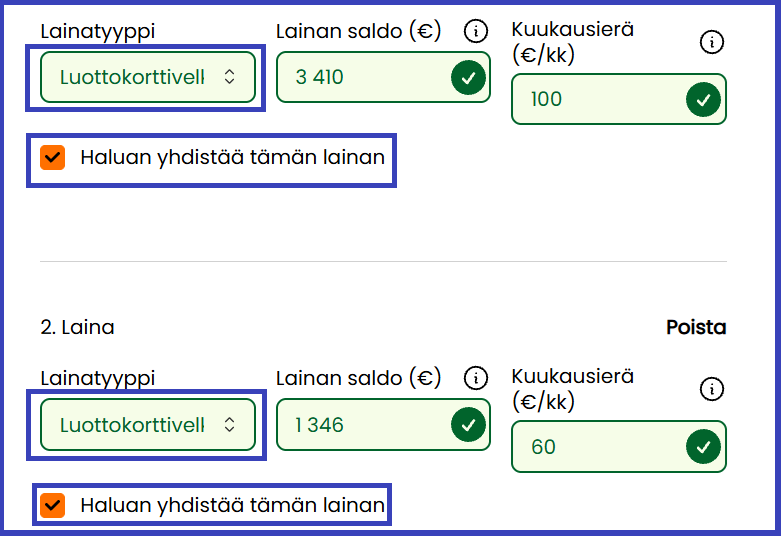 Luottokorttivelkojen yhdistäminen esimerkki kuva Yhdistelylaina Laskuri